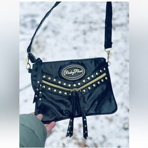 Vintage Y2K Authentic Baby Phat Genuine Black Naplak Leather Studded Crossbody